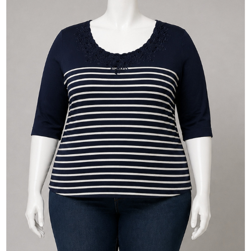Basic Editions Shirt Plus 2X Blue Scoop Neck 3/4 Sleeve Striped Embroidered